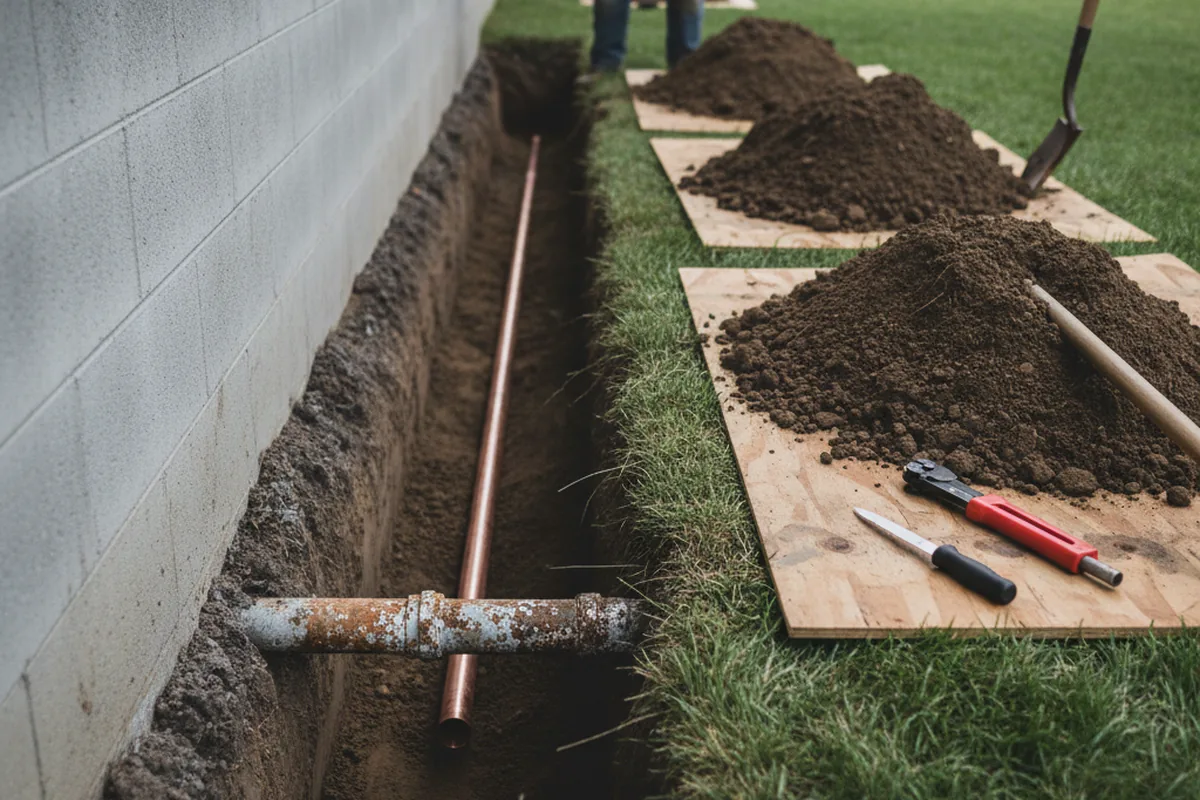 Excavated water line trench during Water Softener Installation in Rockwell